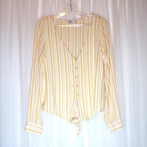 Hollister Tie Front Top Womens Large Yellow White Striped High Low Button FLAWS